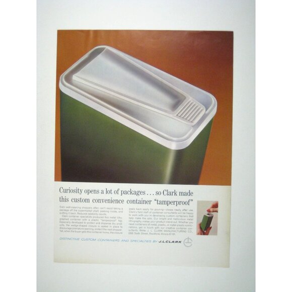 Curiosity Stops  JL Clark Green Container Tamperproof 1967 Vintage Print AD - Picture 1 of 2